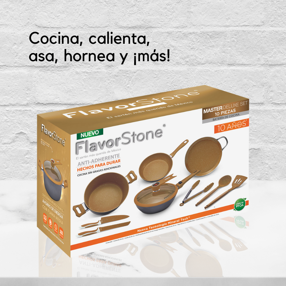 Batería de cocina FlavorStone Master Deluxe Set juego de sartenes antiadherentes, cacerola, comal y accesorios de silicón