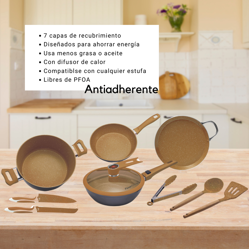 Batería de cocina FlavorStone Master Deluxe Set juego de sartenes antiadherentes, cacerola, comal y accesorios de silicón