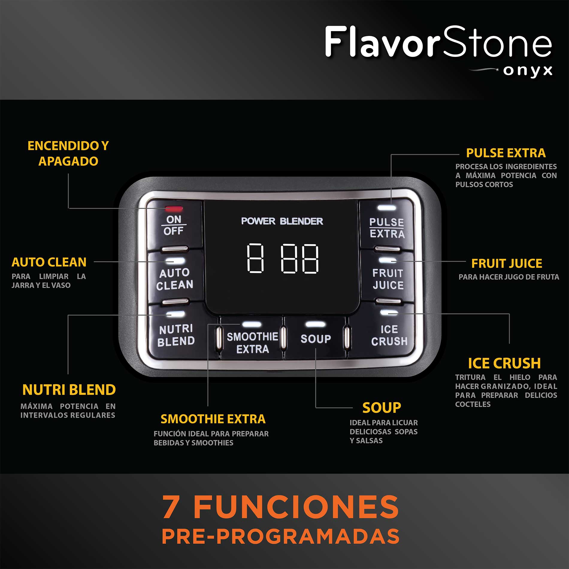 Licuadora FLAVORSTONE ONYX con 7 funciones preprogramadas, vaso de plástico 2 L máximo, vaso portátil de 700ml, cuchillas titanium y motor de cobre de 1000w