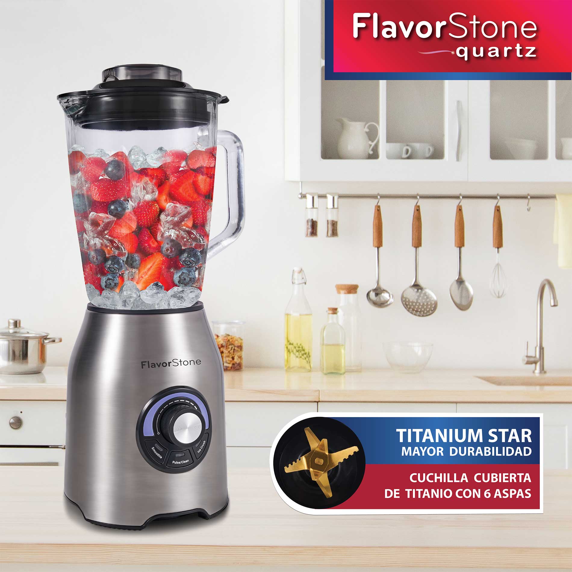 Licuadora FLAVORSTONE QUARTZ con perilla de velocidad y 3 funciones preprogramadas, vaso de vidrio 2 L, cuchillas de titanium y motor de cobre de 1000w