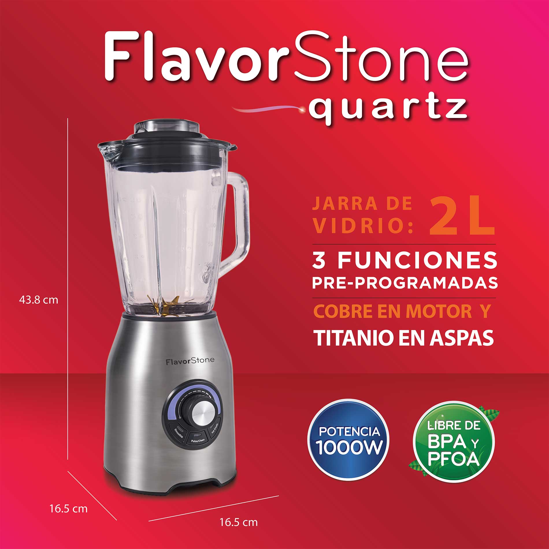 Licuadora FLAVORSTONE QUARTZ con perilla de velocidad y 3 funciones preprogramadas, vaso de vidrio 2 L, cuchillas de titanium y motor de cobre de 1000w