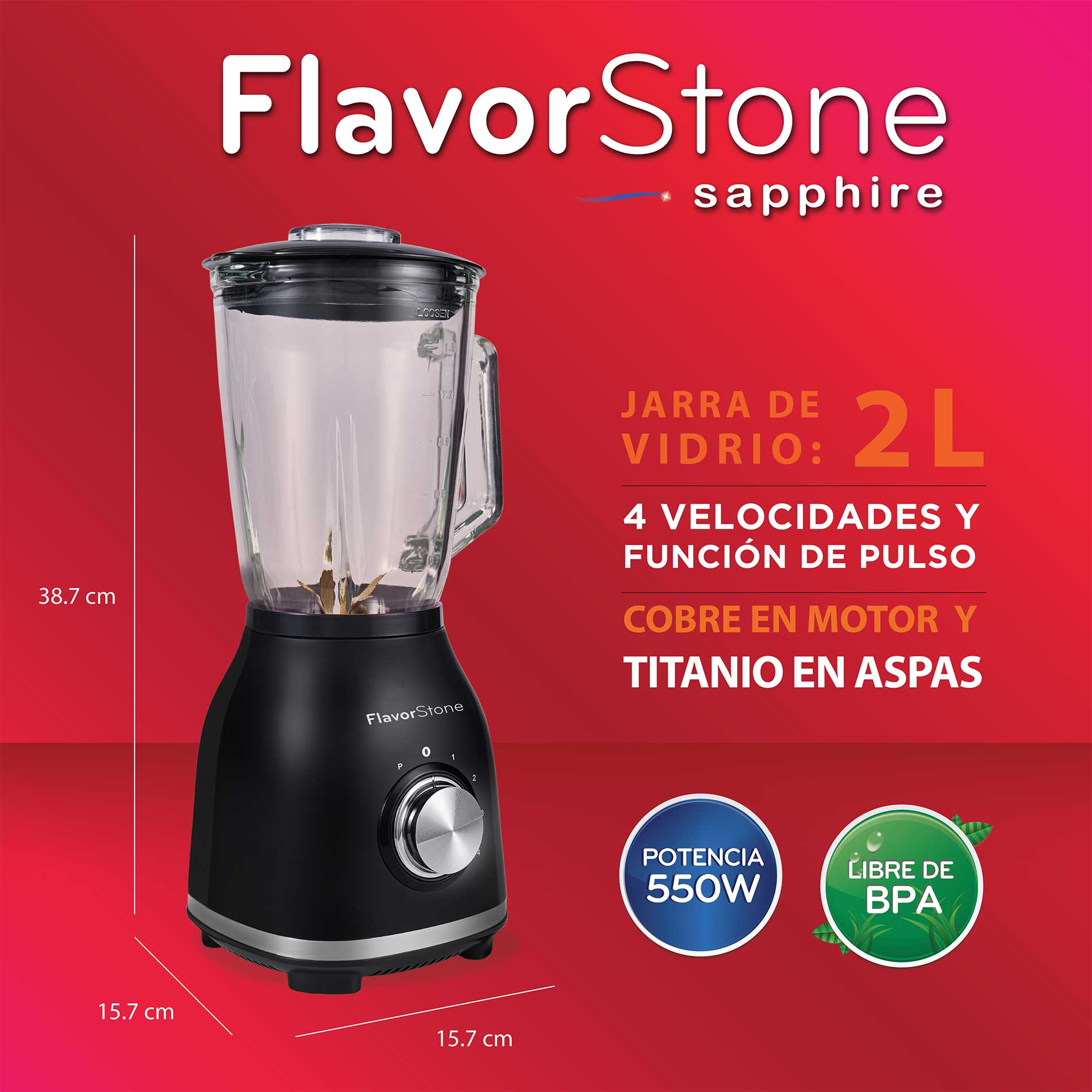 Licuadora FLAVORSTONE SAPPHIRE de 4 velocidades y función de pulso 550w vaso de vidrio de 2 litros con cuchillas de titanio y motor de cobre